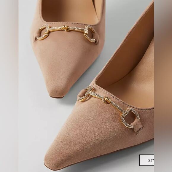 Ann Taylor Women’s Crystal Chainbit Nip Toe Suede Pump Beige Size 6 - Picture 1 of 12